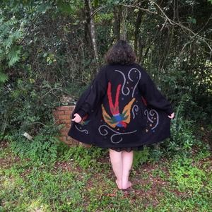 Vintage 80s Black Long Cardigan with Swallow Bird Swirls Christie & Jill L XL